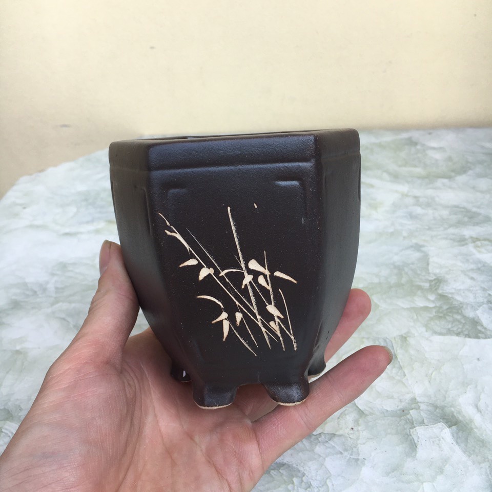 Chậu bonsai Lục đen cao khắc mini đất nung gốm Bát tràng 1 size BM-175