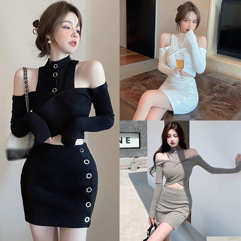 Set áo croptop trễ vai và chân váy cạp cao cá tính thời trang phong cách Hàn Quốc