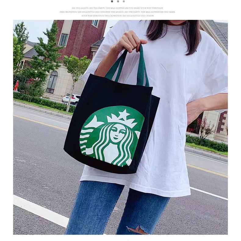 Túi tote xách tay vải canvas họa tiết Starbucks sức chứa lớn mẫu 2021 phong cách Hàn Quốc thời trang