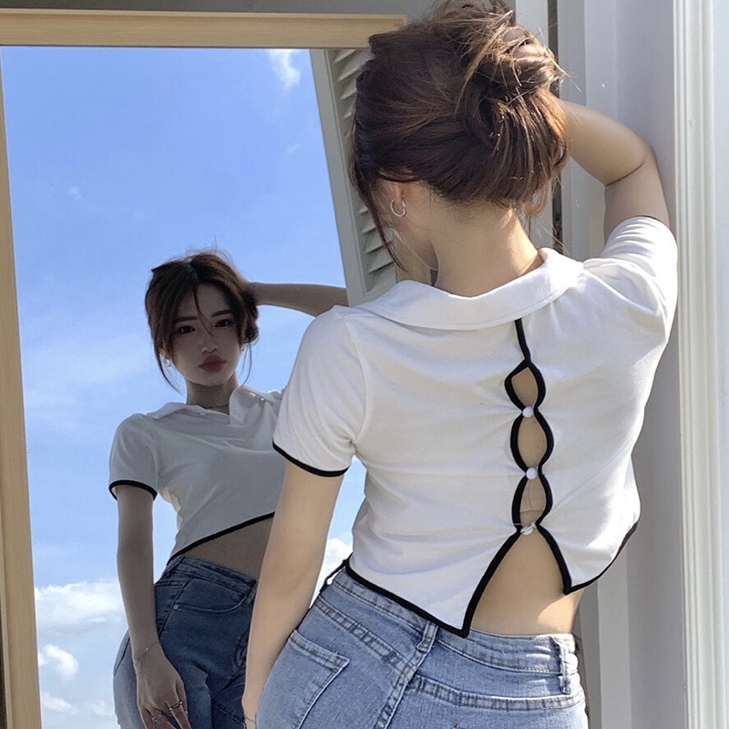 Áo Thun Croptop Tay Ngắn Cổ Bẻ Polo Hở Xẻ Lưng Vạt Chéo Phong Cách Năng Động Cá Tính