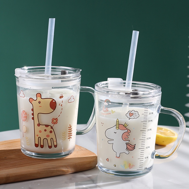 Cốc Uống Nước Chia Vạch Chất Liệu Thuỷ Tinh Chịu Nhiệt Ly thủy tinh nắp chân không chống tràn kèm ống hút