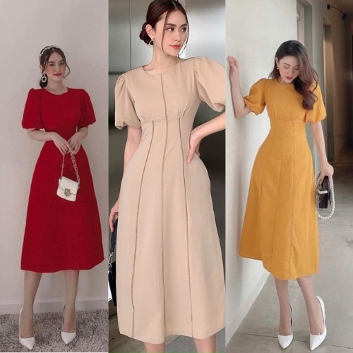 Đầm dự tiêc công sở cồ tròn tay phồng ôm eo kín đáo nhẹ nhàng chụp ảnh dạo phố Kawaii Mise
