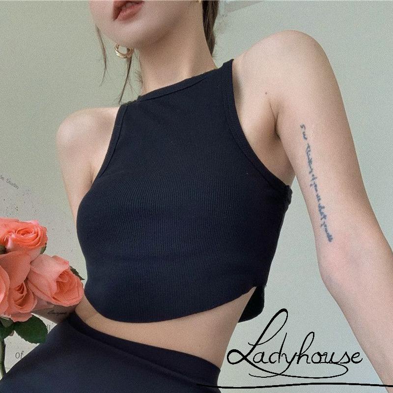 LDD-Women Bodycon Camisole, Solid Color Round Neck Sleeveless Cropped Tank Tops, White/ Black