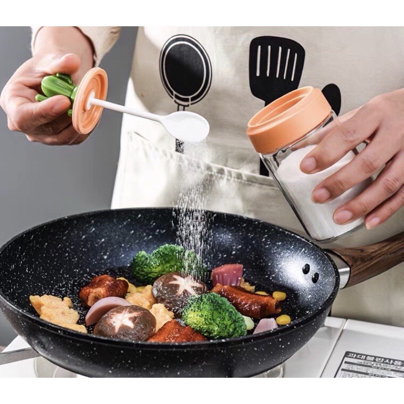 Set 4 Lọ đựng gia vị thủy tinh xương rồng cao cấp, hũ bột canh kèm muỗng thìa đẹp