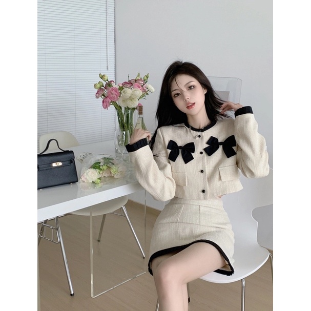 SIÊU PHẨM SET TIỂU THƯ DẠ TWEED NƠ CÚC NGỌC HÀN QUỐC HÀNG 2 LỚP KÈM ẢNH THẬT