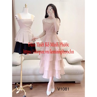 Đầm dự tiệc V1081 Váy hai dây ngọc 5 tầng (ẢNH THẬT) Màu be size S, M, L
