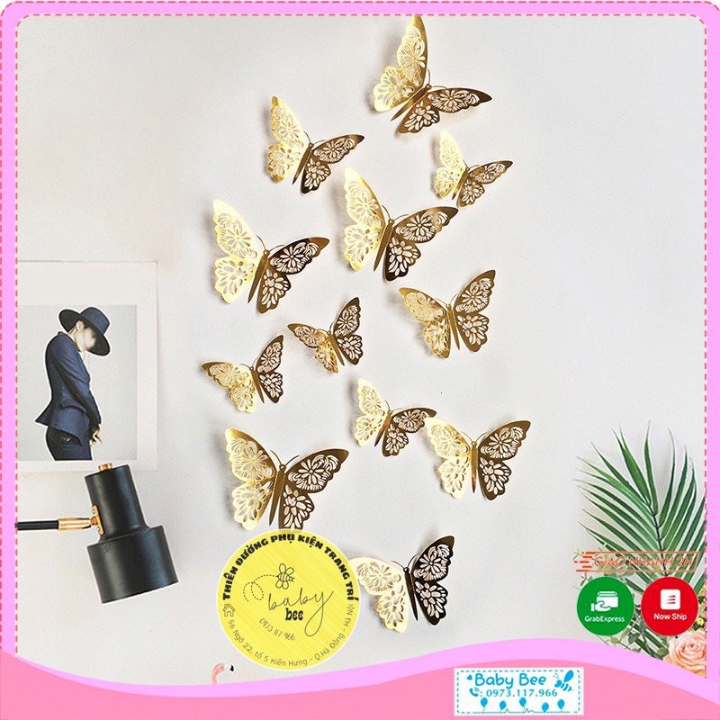 Set 12 cánh bướm ép kim 3D trang trí