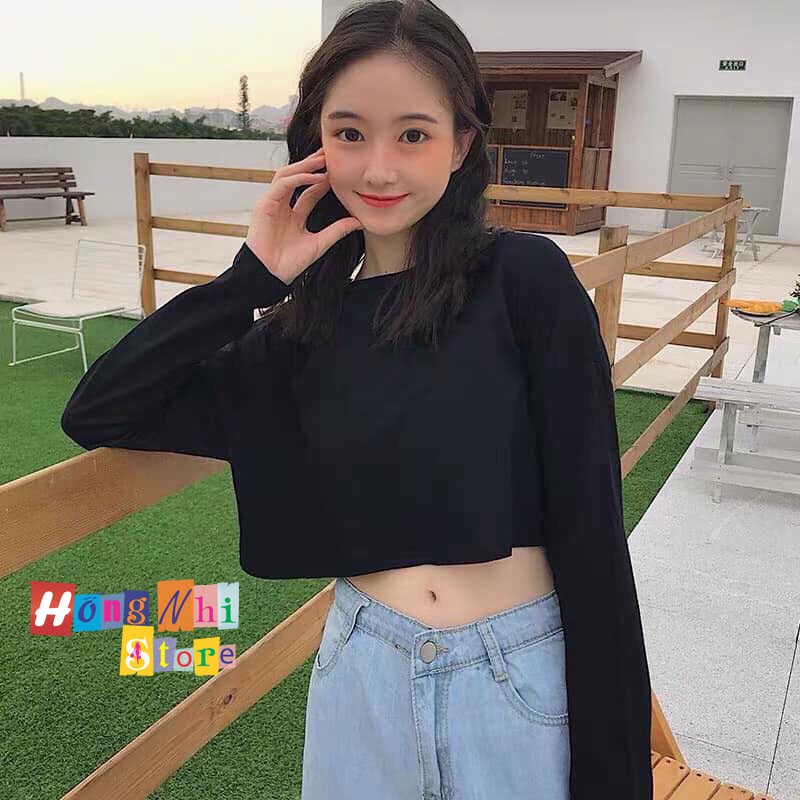 Áo Thun Croptop Tay Dài Dáng Rộng Màu Đen Long Teee Unisex - MM