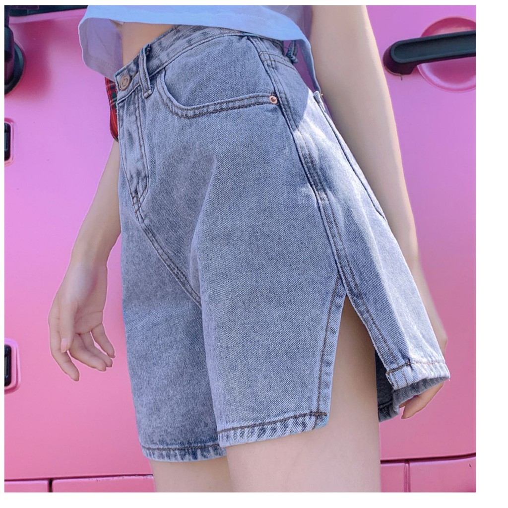 Quần short jeans nữ SUNNNY cạp cao ống rộng sẻ gấu 3 màu xanh be đen