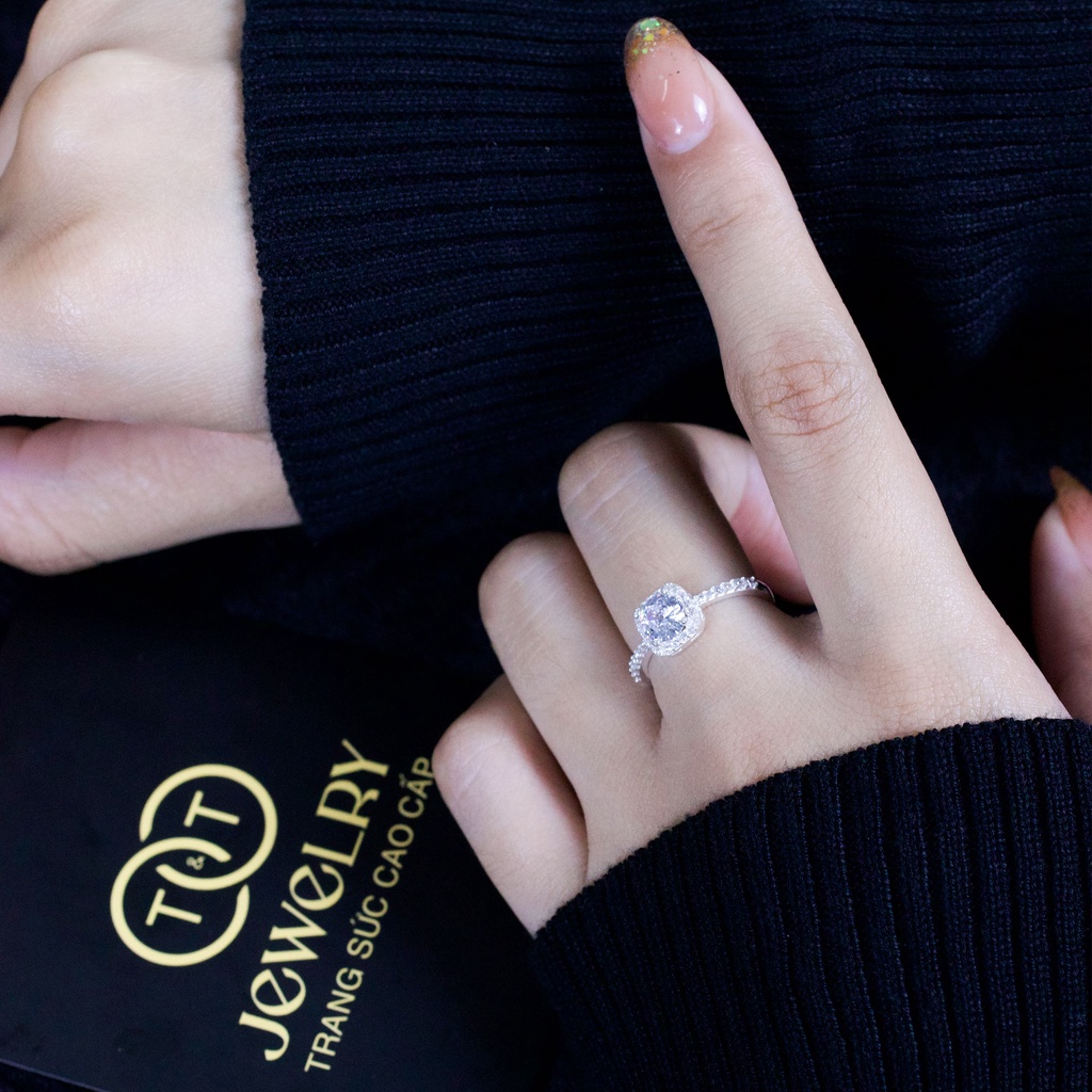 Nhẫn Bạc Nữ T&amp;T mặt vuông đính đá CZ viền họa tiết cao cấp T&amp;T Jewelry NN01