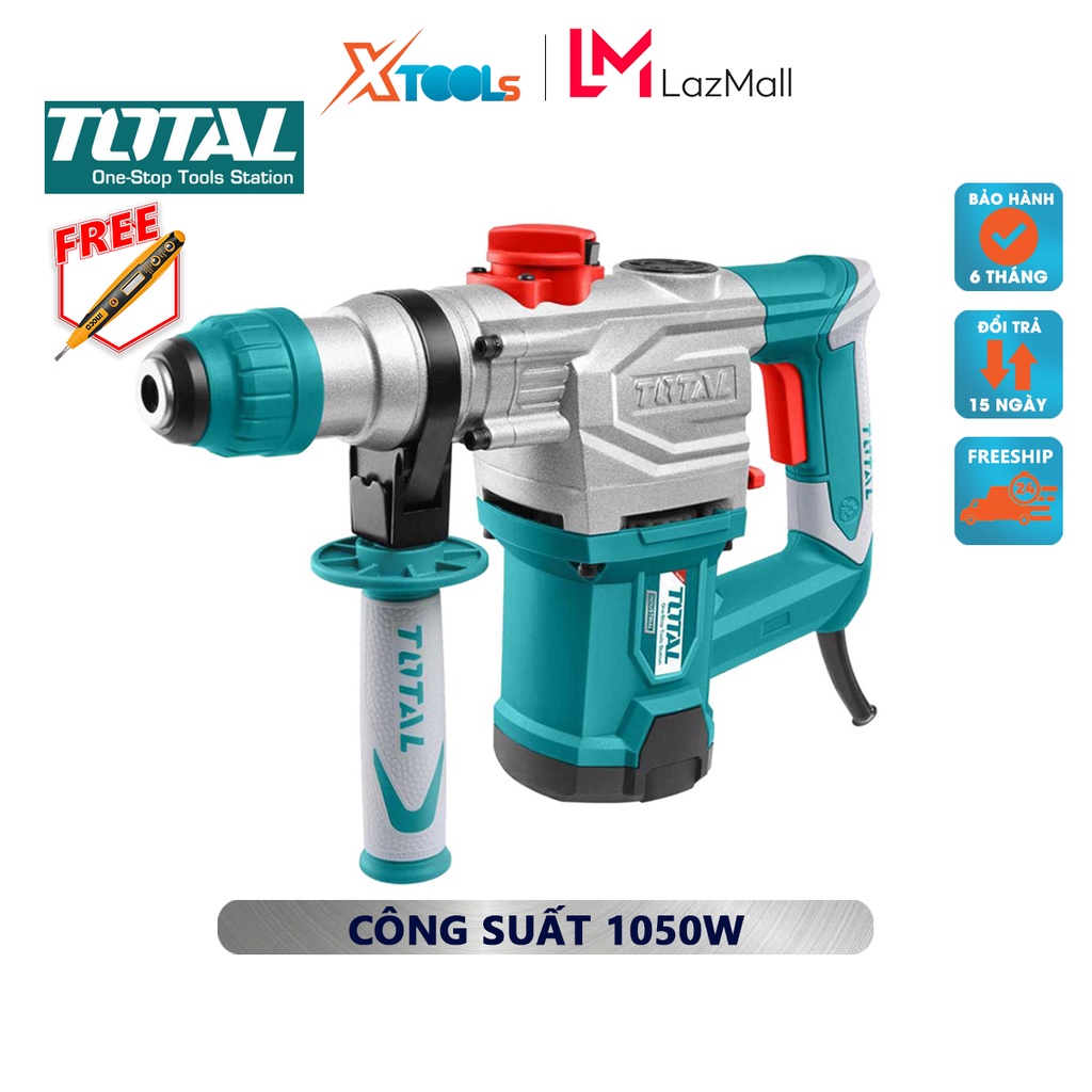 Máy khoan búa cầm tay 1050w TOTAL TH110286 tốc độ 9000rpm; tốc độ đập 4000bpm, khả năng khoan bê tông 28 mm, đục 14mm, k