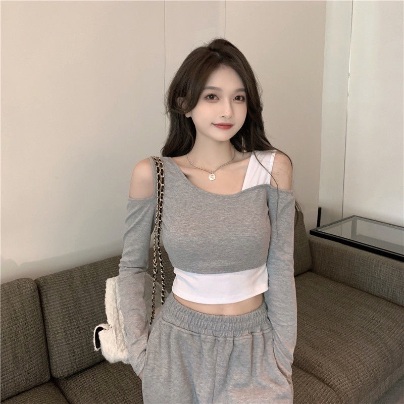 COZOK Áo Thun Tay Dài Hở Vai Phối Màu Tương Phản Quyến Rũ Kiểu Hàn Quốc