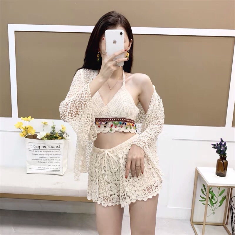 [ LOẠI ĐẸP]Set bơi bikini nữ đan len phối ren hoạ tiết hoa nhí