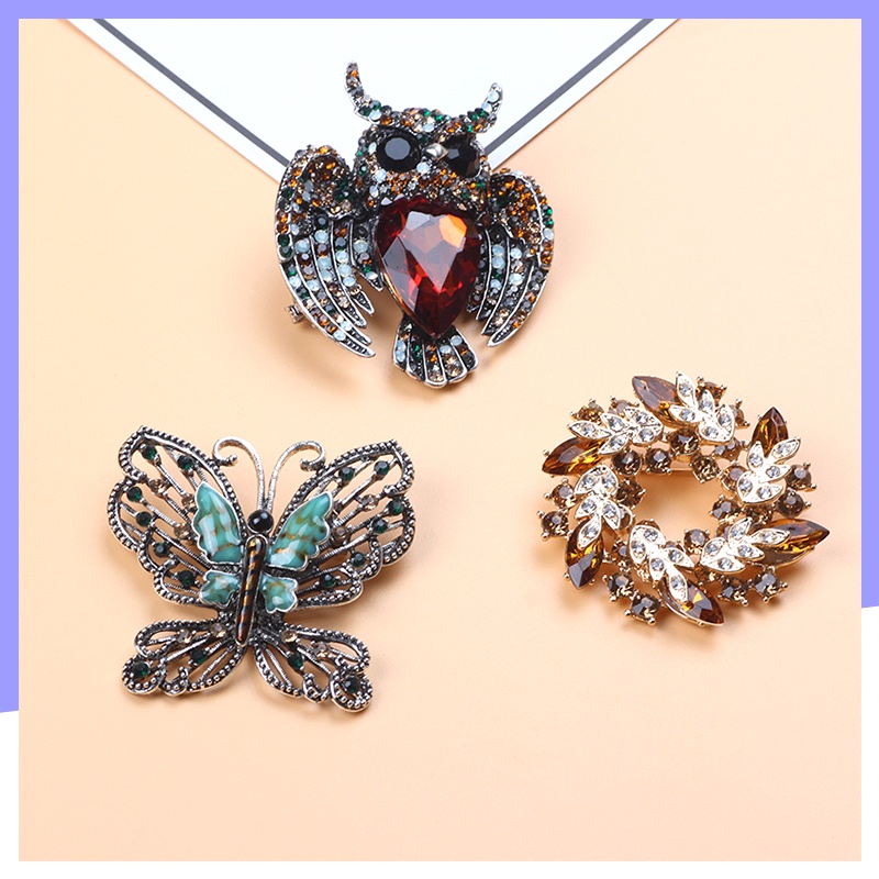 Trâm Cài Áo Hình Cú Mèo / Vòng Hoa / Giọt Nước Pha Lê Cỡ Lớn Phong Cách Vintage Thời Trang