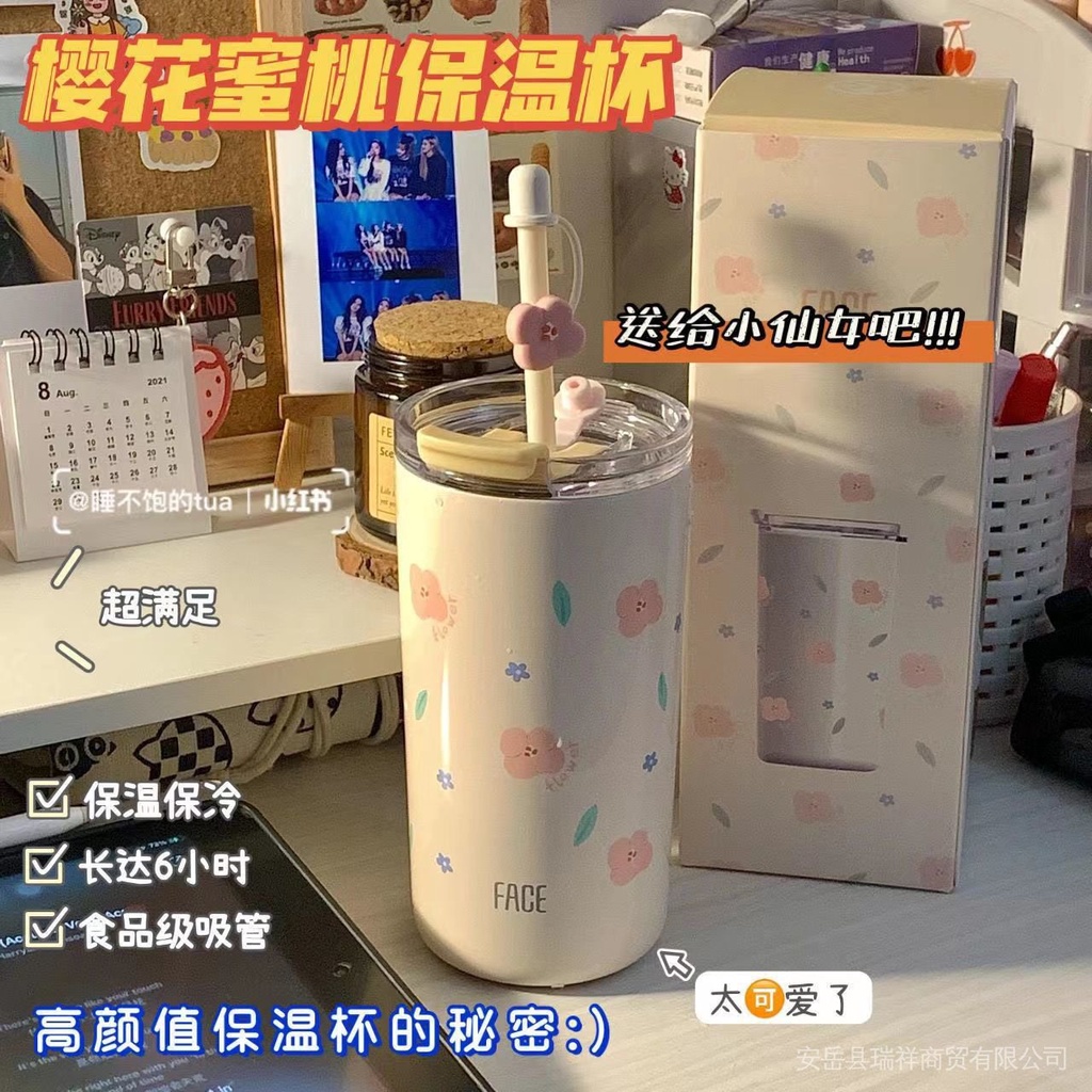 Bình Nước Giữ Nhiệt Dung Tích Lớn Có Ống Hút Thiết Kế Đơn Giản Dễ Thương Cho Học Sinh