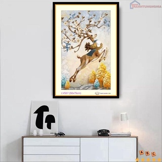Tranh đính đá LV557 (75cm x 50cm), tranh thêu hươu phát tài phát lộc DV6659 LV3520 (43cm x 63cm)