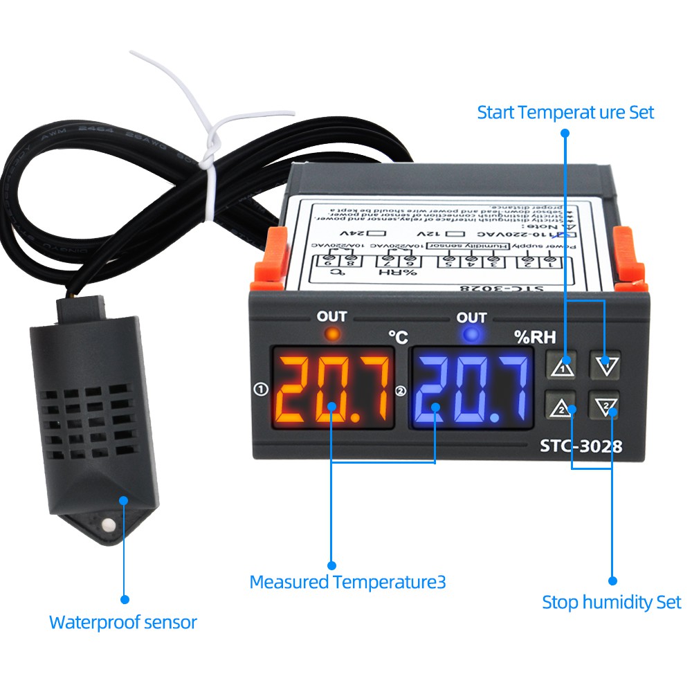 Bộ điều khiển nhiệt độ và độ ẩm kép STC-3028 12V / 24V / 110-220V 10A có đầu dò cảm biến NTC