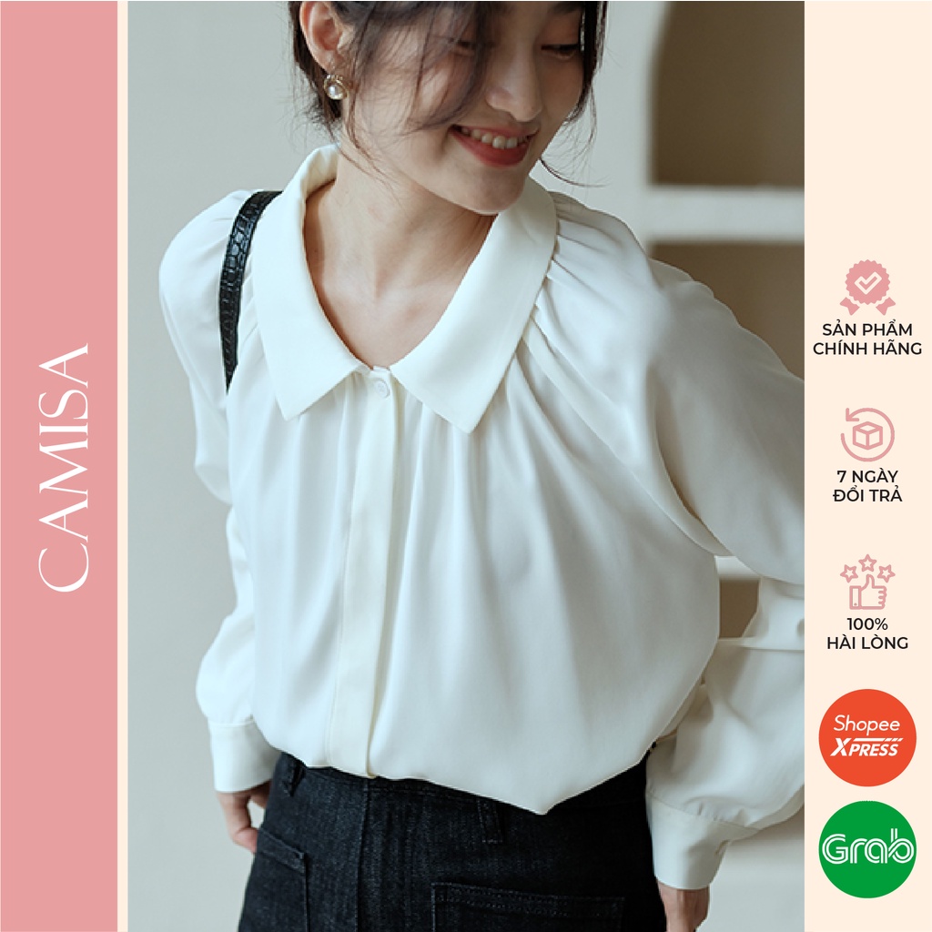 Áo Sơ Mi Nữ CAMISA Công Sở Dài Tay Cổ Tròn Độc Đáo Hàn Quốc Cao Cấp, Sơ Mi Đẹp Trắng Đen Form Rộng Nữ Kiểu Vải Lụa CM22