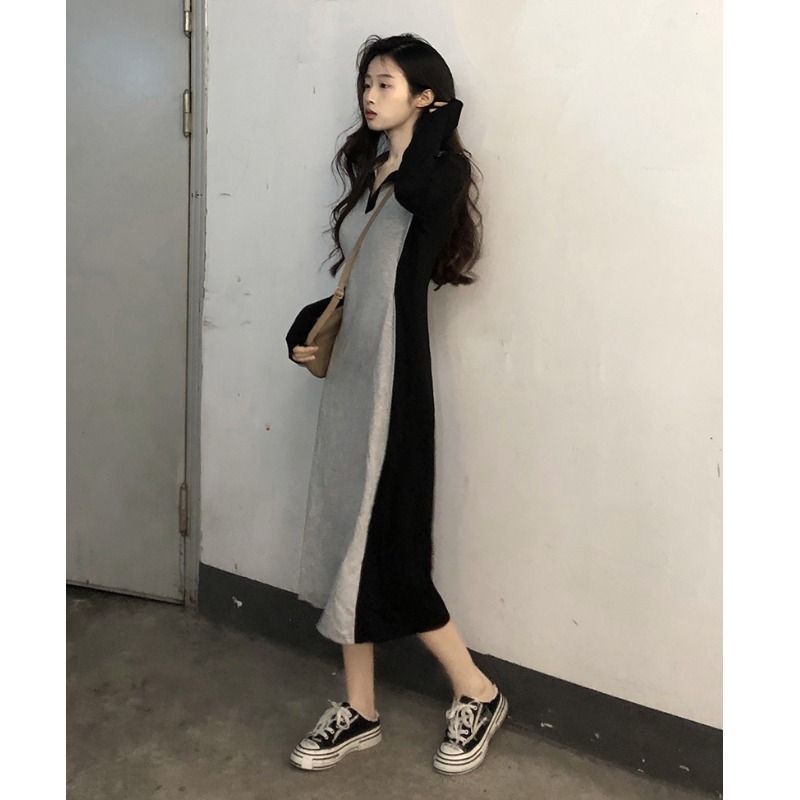 Đầm COZOKC tay dài cổ polo ôm eo màu tương phản phong cách Hàn Quốc