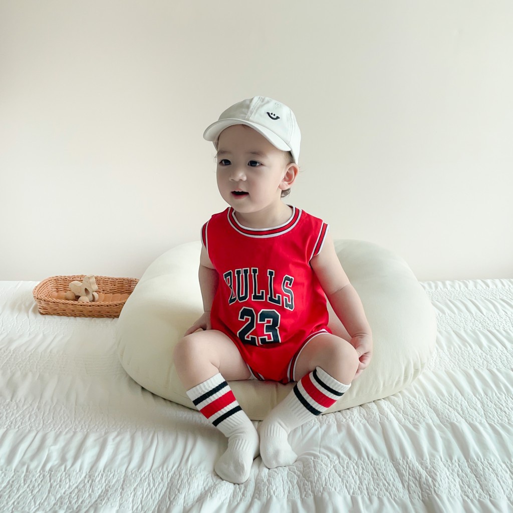 Bộ Áo Liền Quần Không Tay Bằng Vải Cotton In Hình Bóng Rổ Dành Cho Bé Trai 0-24 Tháng Tuổi
