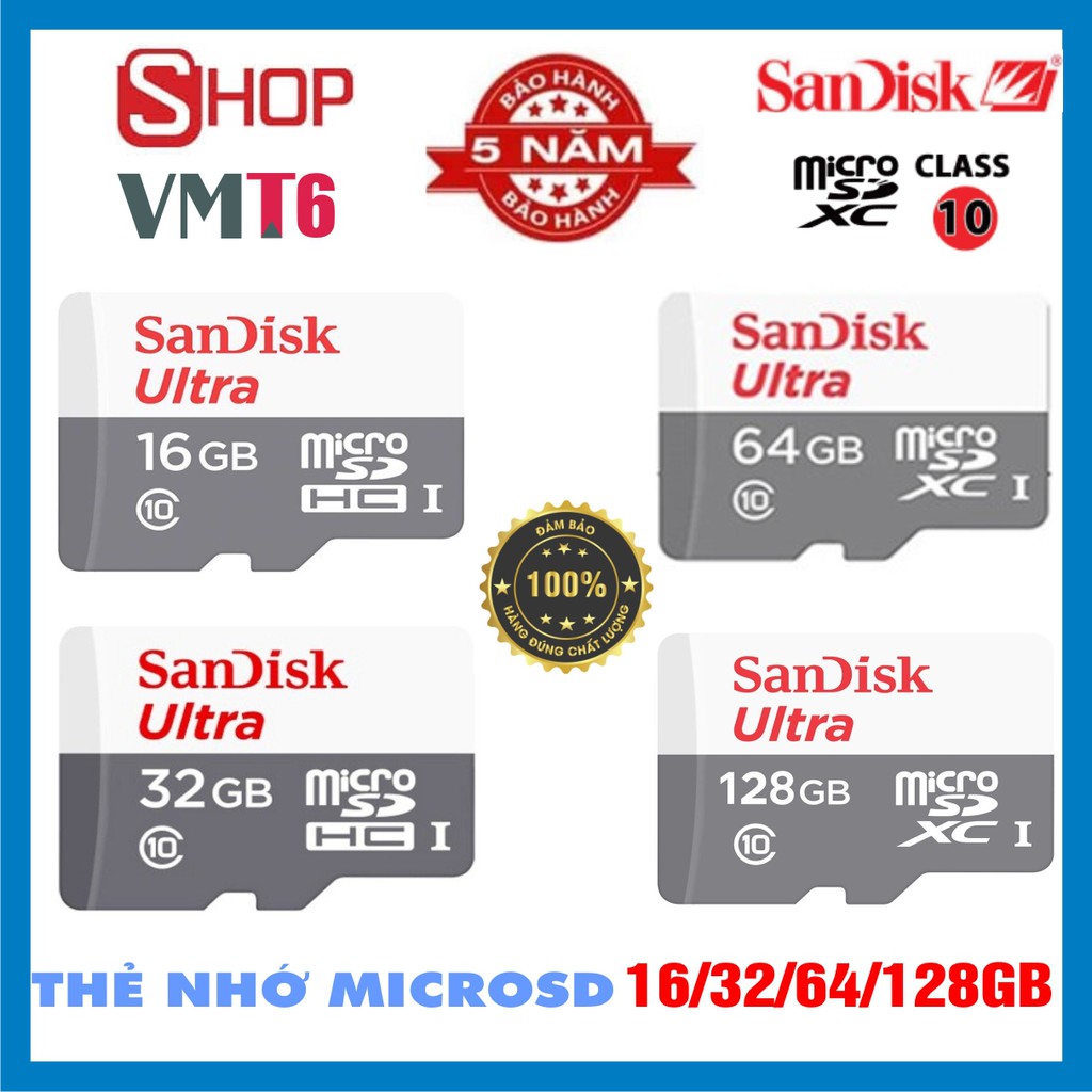 Thẻ nhớ MicroSDHC SanDisk Ultra 16GB/32GB/64GB/128GB tốc độ đọc 80MB/s - Ghi 10MB/s  Hàng bảo hành 5 năm !!!! | BigBuy360 - bigbuy360.vn