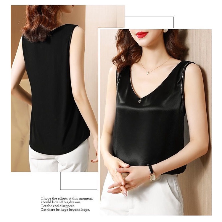 Áo Sát Nách Cổ Chữ V Dáng Rộng Vải Satin Màu Trắng Thời Trang Mùa Hè Mới Cho Bạn Gái