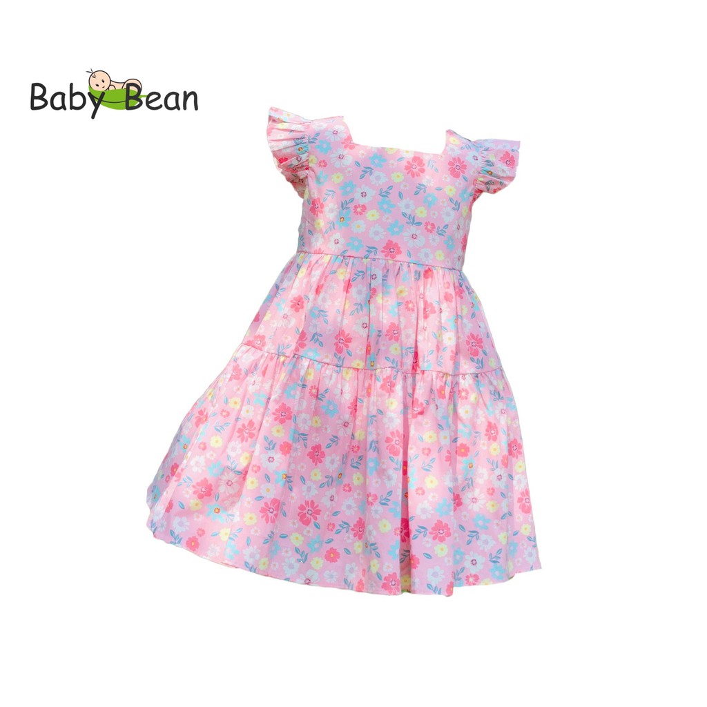 Đầm Cotton 3 Tầng Cổ Vuông Thắt Nơ Lưng Bé Gái BabyBean