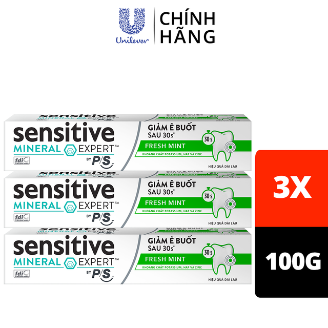 Bộ 3 Hộp Kem đánh răng P/S giảm ê buốt sau 30 giây Sensitive Mineral Expert Fresh Mint với tác động từ khoáng 100g