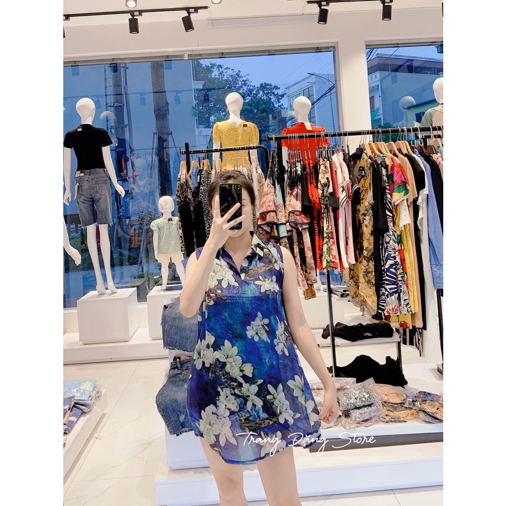 Áo voan hoa dáng dài sát nách cổ sơ mi, họa tiết hoa 3D, áo voan dáng rộng
