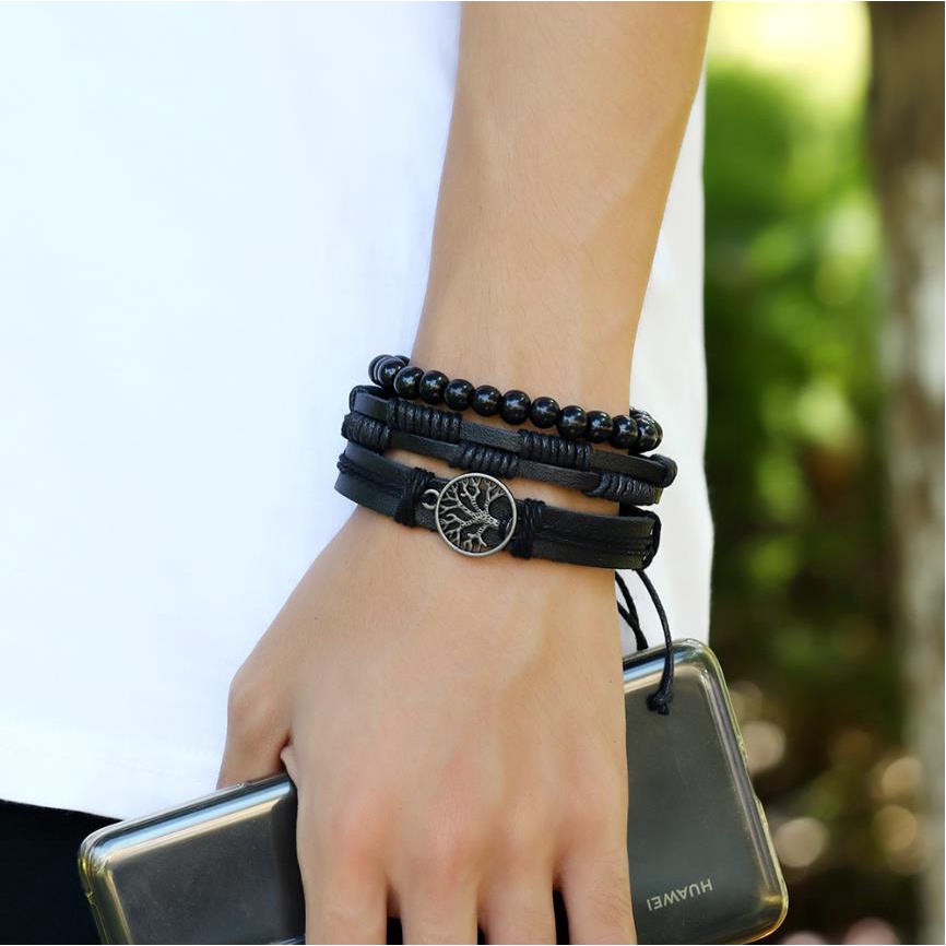 Bộ 3 Vòng Tay Da Bện Phối Mặt Hợp Kim Hình Cây Đơn Giản Phong Cách Vintage Cho Nam
