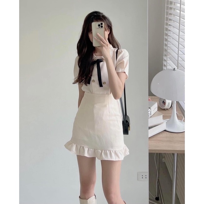 Set bộ đồ nữ Hàn Quốc chất liệu dạ text gồm áo cộc tay thắt nơ kèm chân váy ngắn đuôi cá siêu tiểu thư (TTA142)