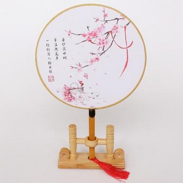 Quạt tròn cổ trang hoa đào hồng tam sinh tam thế phong cách cổ trang quạt cầm tay cổ trang cổ điển cosplay