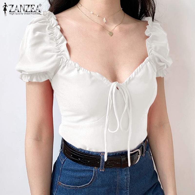 Áo Nữ ZANZEA Cổ Tim Dáng Tay Ngắn Thời Trang Dạo Phố/ Có Độ Co Giãn Mềm Mại