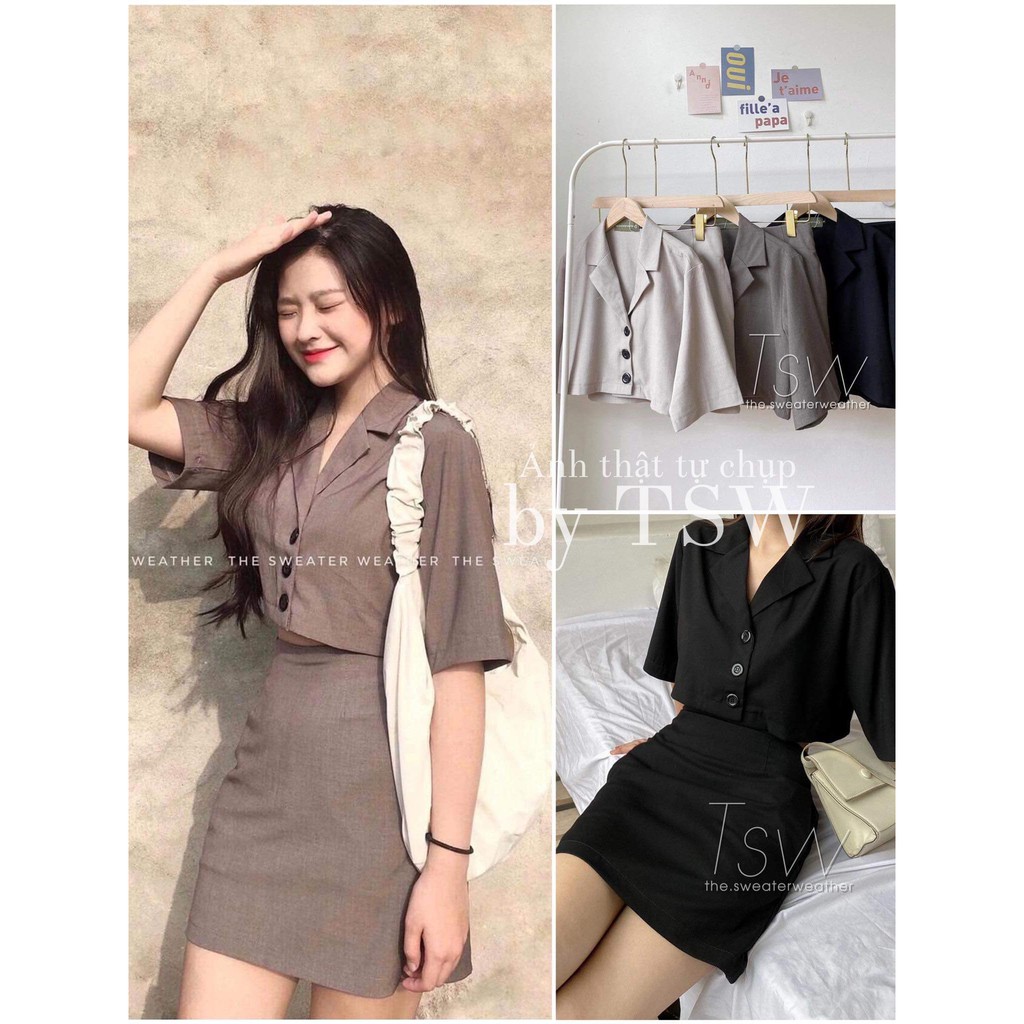 Set vest croptop kèm chân váy trơn (Ảnh thật)