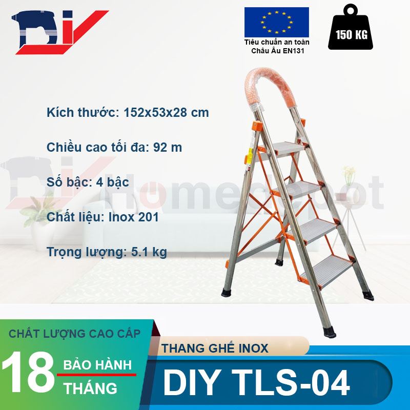 Thang nhôm ghế inox gia đình bản to DIY TLS-04 chiều cao sử dụng tối đa 92cm