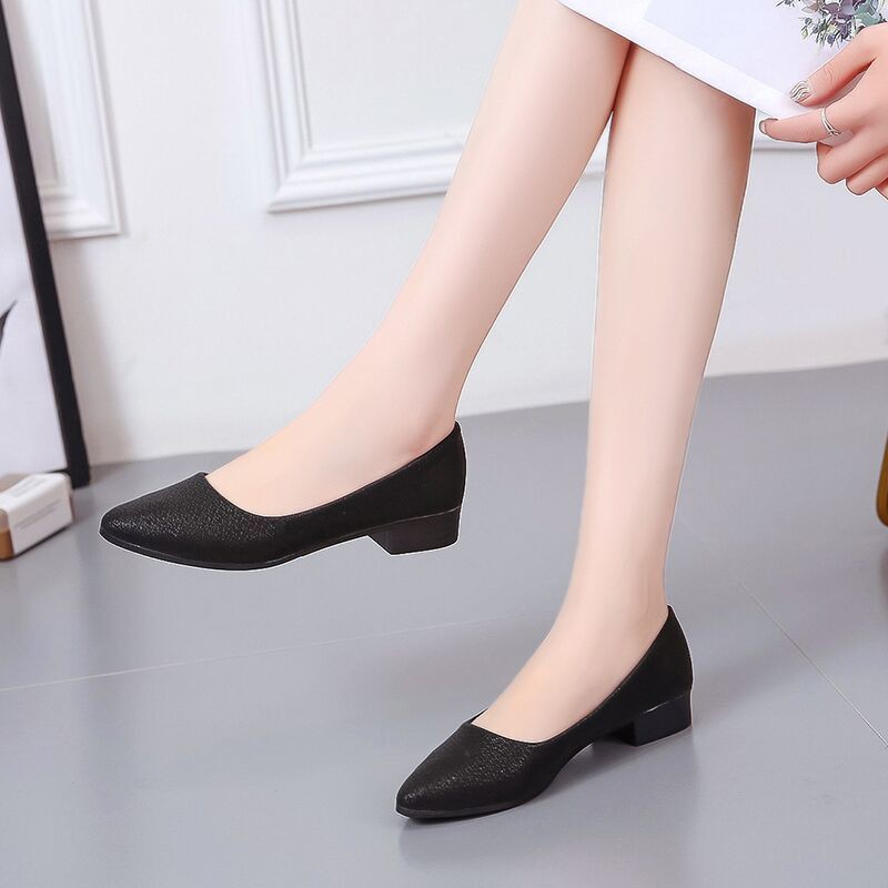 Giày công sở da mềm không đau, nữ Màu đen đơn, sở, cao gót đế ngắn chuyên nghiệp