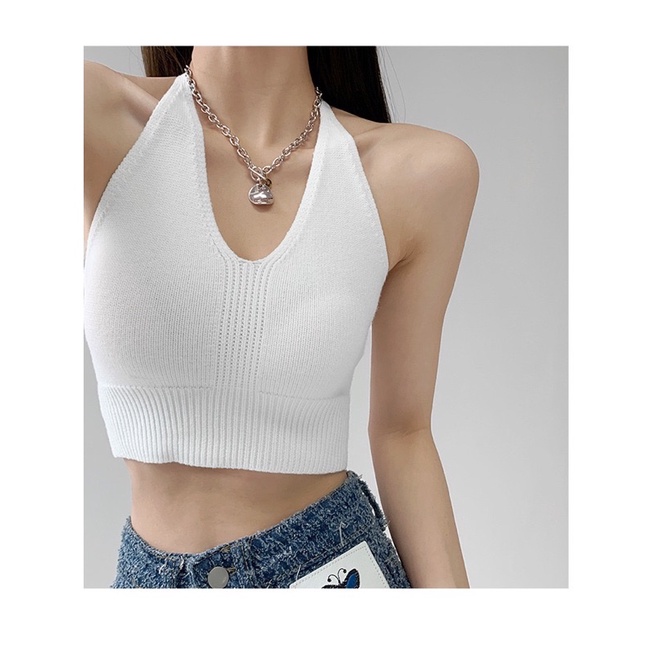 Áo Croptop yếm cột nơ sau chất dệt kim trẻ trung năng động Freesize | BigBuy360 - bigbuy360.vn