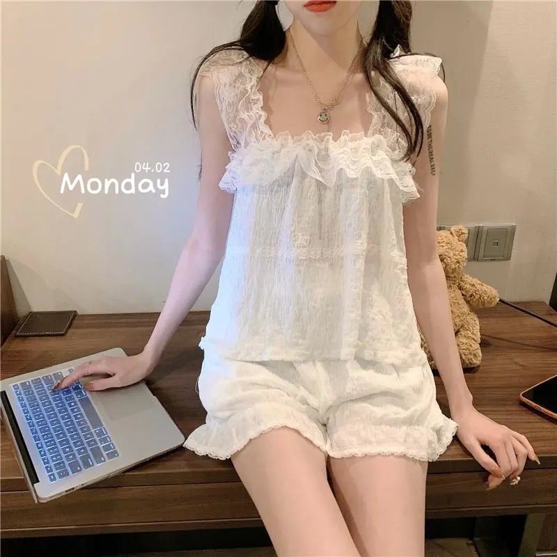 Bộ đồ ngủ mặc nhà hai dây nhún bèo ren dễ thương thời trang cho nữ