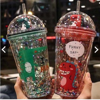 Cốc Uống Nước Khủng Long Kim Tuyến 3D, Ly Giữ Nhiệt Nhiều Màu Sắc Siêu Cute 380ml Tặng Kèm Ống Hút