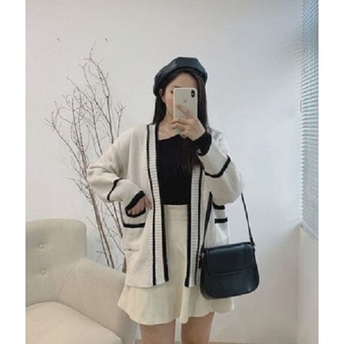 Áo khoác len cardigan trơn phối viền dáng xuông có túi -Miss girl