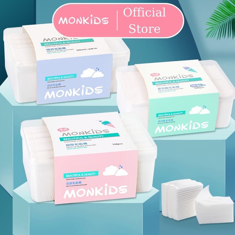 Bông tẩy trang 1000 miếng MONKIDS kèm hộp đựng bông tẩy trang cotton tự nhiên mỏng mềm mại bám dính chất tẩy trang tốt