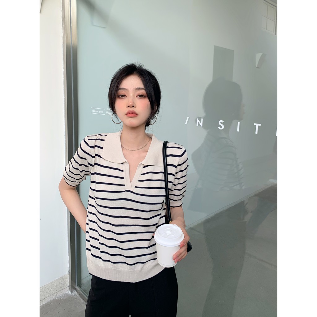 Áo Dệt Kim Tay Ngắn Dáng Rộng Họa Tiết Sọc Ngang Phong Cách Hàn Quốc Trẻ Trung | BigBuy360 - bigbuy360.vn