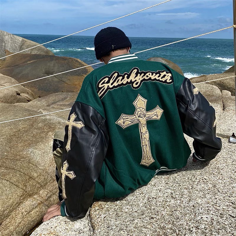 Áo bomber Miuzi unisex,áo bóng chày thêu hình thánh giá phối tay da DT048