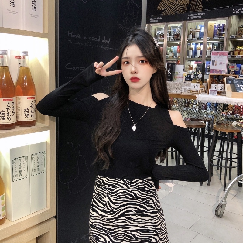 ZHELIHANGFEI Áo Thun Tay Dài Dáng Ôm Hở Vai Quyến Rũ Cho Nữ