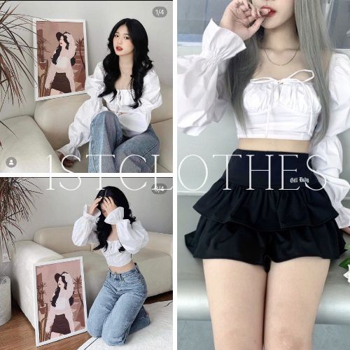 Áo trễ vai tay dài phồng bo chun may nhún ngực 1STCLOTHES