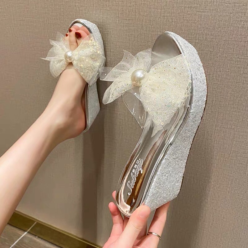 Dép đế xuồng nhũ quai trong suốt đính nơ 8 - 12 cm, hàng cao cấp