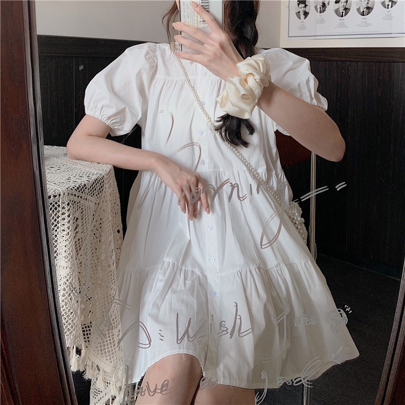 [Có ảnh thật] Đầm sơ mi babydoll xếp tầng cổ đức tay bồng