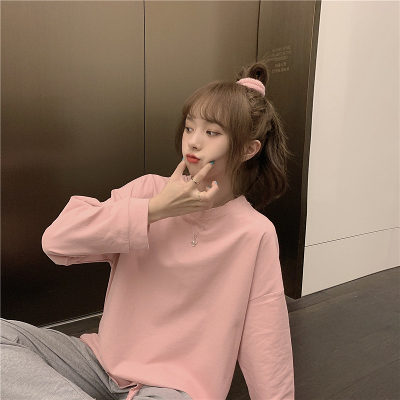 SUXI Áo Thun Tay Dài Màu Trơn Dáng Rộng Phong Cách Hàn Quốc