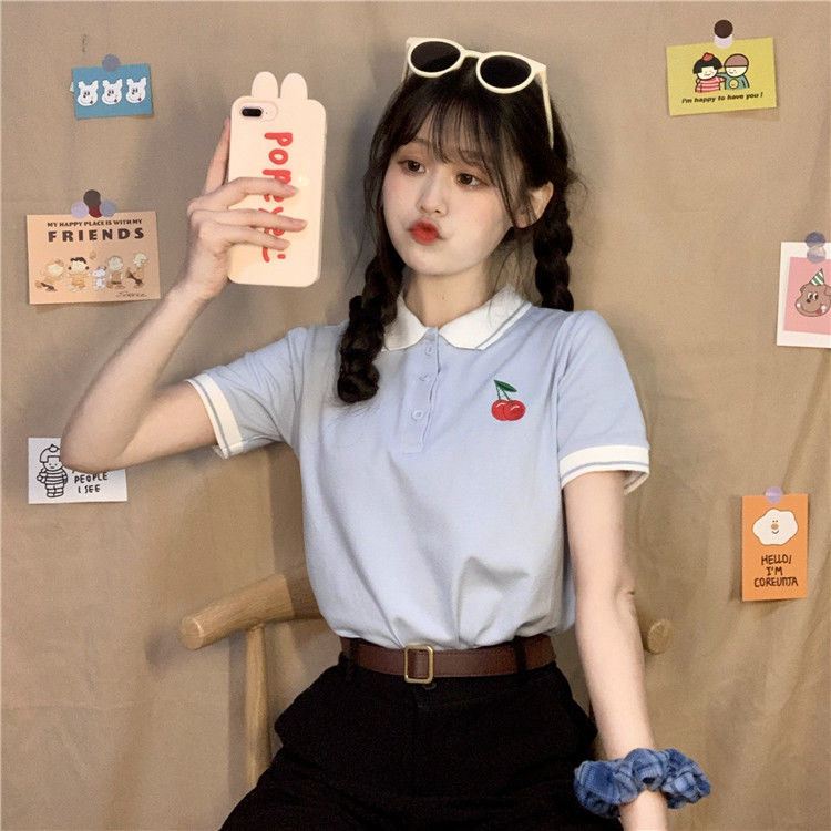Áo Thun Polo Ngắn Tay Thêu Họa Tiết Cherry Xinh Xắn Dành Cho Nữ | BigBuy360 - bigbuy360.vn