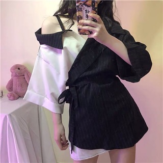 (Order-ảnh thật) bigsize S-5XL Áo dấu quần lệch vai trắng phối kẻ sọc, cổ cách điệu sang chảnh sexy